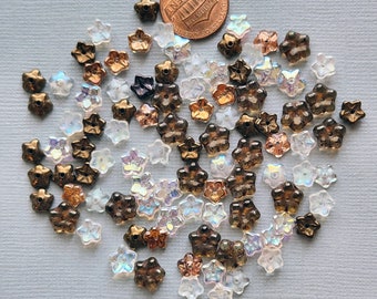 Mix of 95 Small Tiny Czech Flower Glass Beads, Center Drilled, Brown, AB Finish, Copper, Bronze