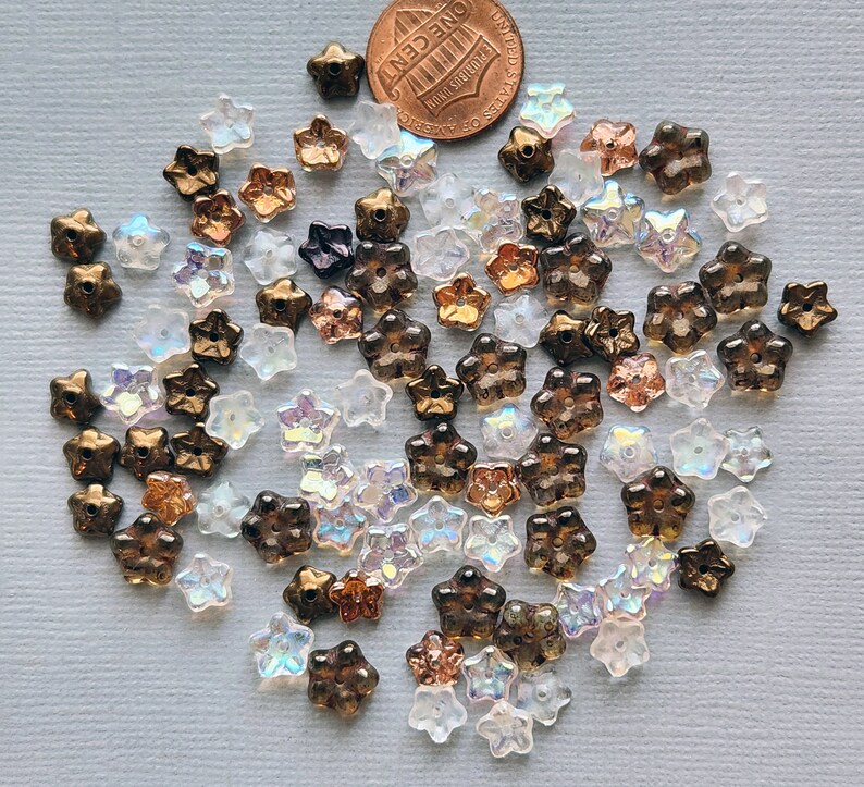 Mix of 95 Small Tiny Czech Flower Glass Beads, Center Drilled, Brown, AB Finish, Copper, Bronze image 1