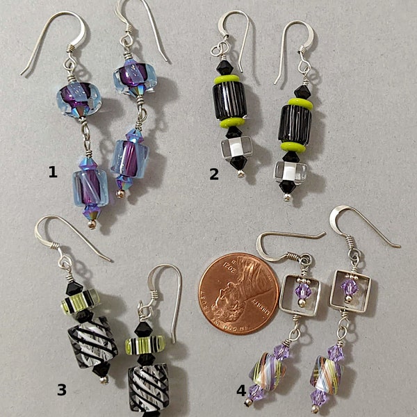 Group 2 Choice of 1 Pair Artisan Made Furnace Glass Bead Austrian Crystal Sterling Silver Earrings, Various Colors/Shapes, David Christensen