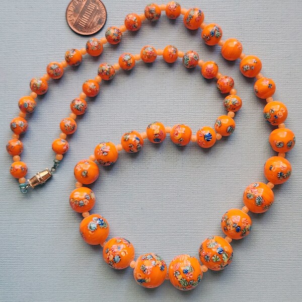 Vintage Japanese Graduated Round Opaque Orange Millefiori Glass Beaded Necklace, Approx. 22 Inches