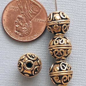 4 Small 10mm Round Vintage Bali Antique Gold Vermeil Ornate Pattern Beads