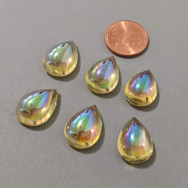 6 Vintage West German Transparent Jonquil AB Bombe 18x13mm Pear Shape Domed Glass Cabochons/Rhinestones