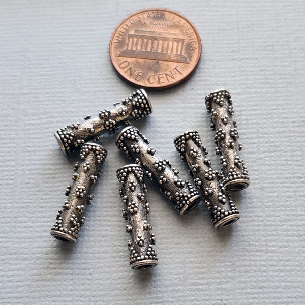 6 Vintage Bali .925 Sterling Silver Tube Beads, Approx. 20x5mm Average Size, Handmade Granulated Decorated Design