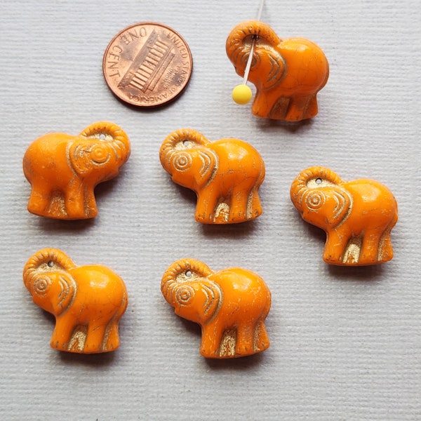 Lot of 6 Opaque Orange with Gold Etched Accents Czech Glass Elephant Beads Hole Drilled at Top