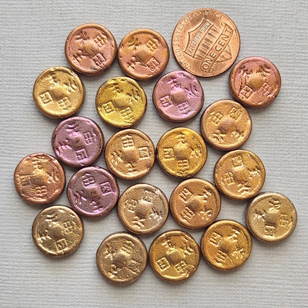 20 Czech Glass Metallic Gold Finish Asian Motif Coin Design Beads, Coin Shape, Approx. 14.5mm Diameter