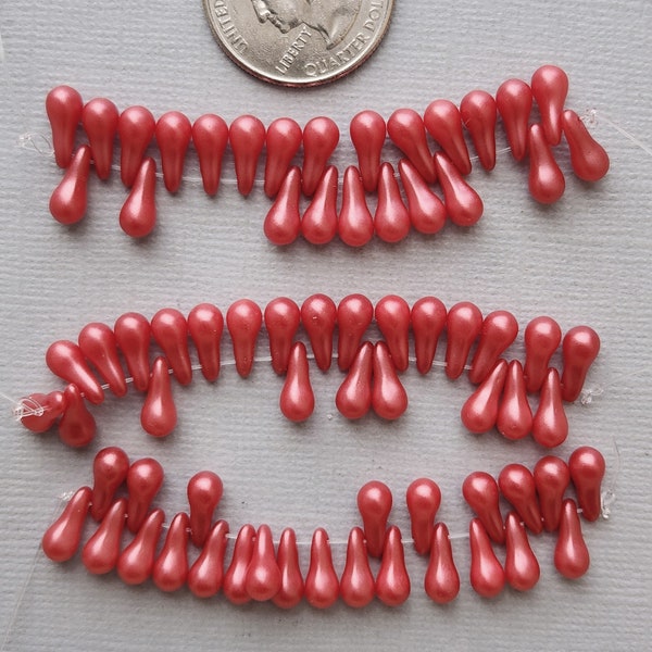 24 Czech Glass Bulb Shaped Drop Teardrop Shape Beads, Drilled Across the Top Pearlized Coral Orange Color