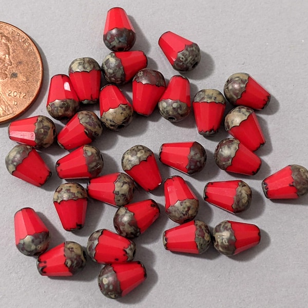 15 or 30 Czech Faceted Opaque Red Picasso Firepolished Faceted Glass Cone Teardrop Shape Beads, 8x6mm, Vertically Drilled