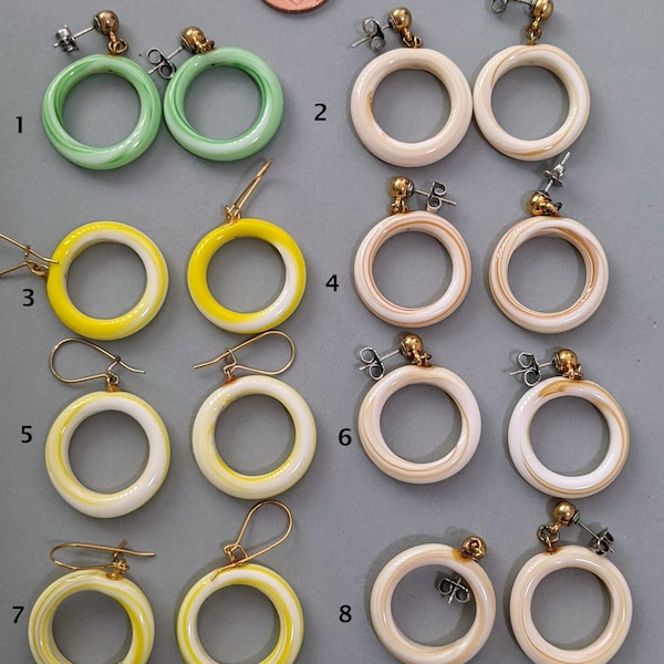 Pair of Japanese Vintage Lampwork Glass Ring Beads, Hoop Beads Various Colors, Yellow, Green, Carmel Swirl Design Resale, Repurpose