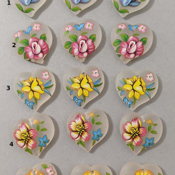 Choice of 1 Vintage Japanese Matte Drilled Plastic Heart Pendant Focal Bead with Floral Decal, Blue, Yellow, Pink Colors, Various Designs