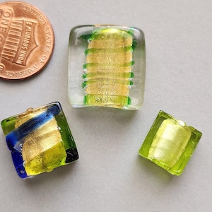 Set of 3 Venetian Murano Square Glass Beads, Green Gold Foil, Green Blue Stripe Gold, Light Green Foil