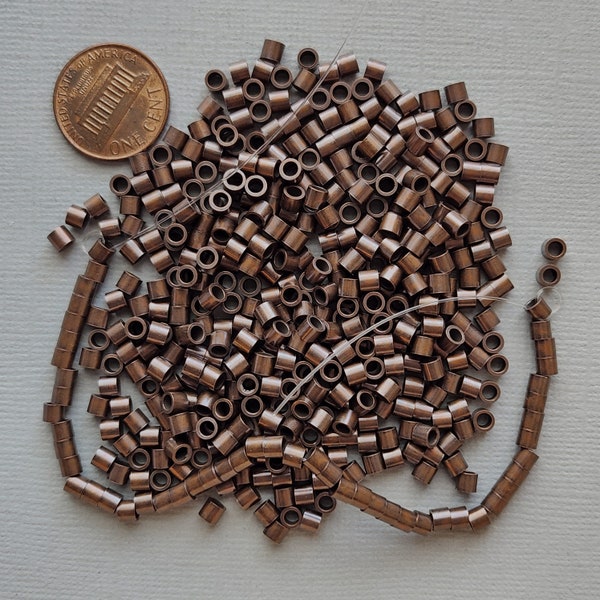 At Least 450 Small Dark Copper Metal Cylinder Beads, Approx 3x3mm, Spacers, Accent Beads