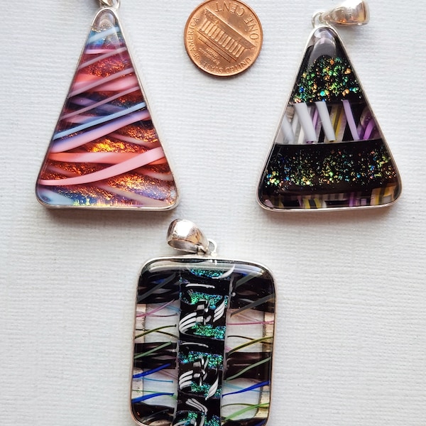 Choice of 1 Rare Vintage David Christensen Sterling Silver Framed Furnace Glass Overlay Dichroic Glass Pendant