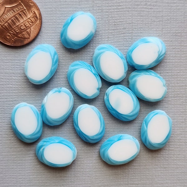 13 Vintage Table Cut Glass Beads, Turquoise and Opaque White Oval Shape, Approx 15x12mm