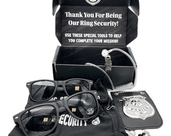 Ring Security Proposal Gift For Ring Bearer Boy Includes 2 different Size Sunglasses, Special Police Metal Badge & Spy Earpiece For Wedding.