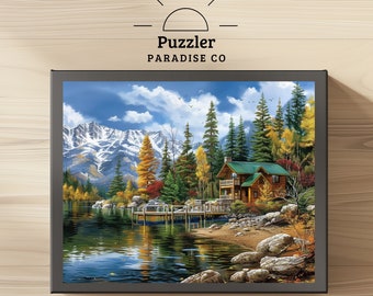 May include: A jigsaw puzzle featuring a scenic landscape with a cabin nestled in a forest by a lake. The cabin has a green roof and brown siding. The lake is surrounded by trees and mountains. The sky is blue with white clouds.