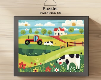 Sunny Farm and Red Tractor Folk Art Jigsaw Puzzle - 500 piece Puzzle - Nature Puzzle Watercolor Style - Puzzle For Adults - Colorful Puzzle