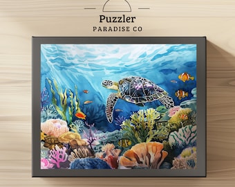 Sea Turtle Tropical Corral Reef Ocean Jigsaw Puzzle - 500 piece Puzzle - Nature Puzzle Watercolor Style - Puzzle For Adults, Colorful Puzzle