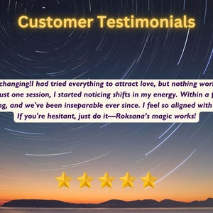 May include: Image featuring a night sky with star trails and a sunset. Text reads "Customer Testimonials" and a customer review. Five gold stars are at the bottom.