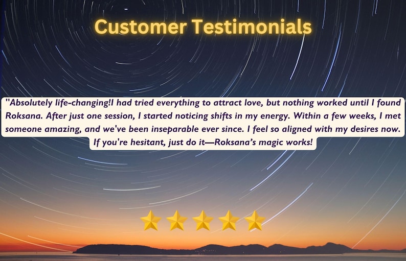 May include: Image featuring a night sky with star trails and a sunset. Text reads "Customer Testimonials" and a customer review. Five gold stars are at the bottom.