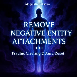 May include: Digital art with a blue and purple color scheme. The image features a silhouetted figure with the text "REMOVE NEGATIVE ENTITY ATTACHMENTS" and "Psychic Clearing & Aura Reset". The text "MagickByRoksana" is at the top.