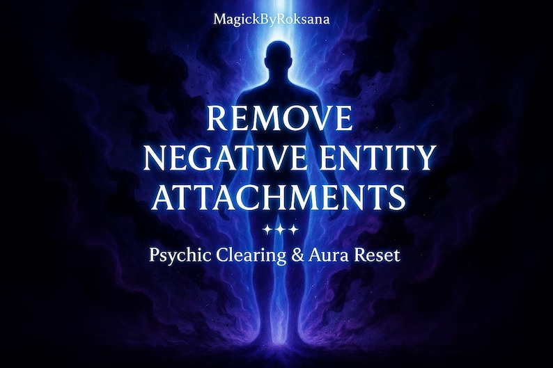 May include: Digital art with a blue and purple color scheme. The image features a silhouetted figure with the text "REMOVE NEGATIVE ENTITY ATTACHMENTS" and "Psychic Clearing & Aura Reset". The text "MagickByRoksana" is at the top.