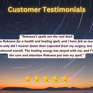 May include: Image with the text "Customer Testimonials" in gold lettering. A customer testimonial is displayed in a white box, with five gold stars below. The background shows a starry night sky.