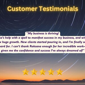 May include: Image featuring a night sky with star trails and a sunset. Text reads "Customer Testimonials" and a customer quote about business success. Five gold stars are at the bottom.