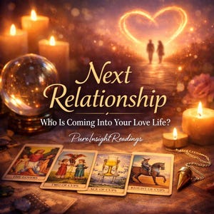 May include: A mystical image with tarot cards, candles, and a crystal ball. The text says "Next Relationship" and "Who Is Coming Into Your Love Life?" with "Pure Insight Readings" below. The cards include "The Lovers" and "Two of Cups."