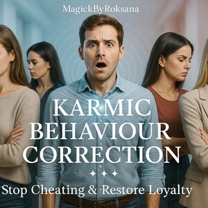 May include: An image with the text "Karmic Behaviour Correction" and "Stop Cheating & Restore Loyalty". The image shows a man with a shocked expression, surrounded by people with serious expressions.