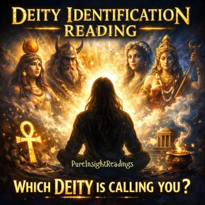May include: A digital illustration titled DEITY IDENTIFICATION READING and WHICH DEITY IS CALLING YOU? featuring a person meditating before four ethereal figures, a glowing golden ankh, a small temple structure, and a smoking incense burner.