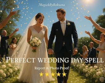 May include: A bride and groom walk hand-in-hand through a garden, surrounded by guests. The bride wears a white wedding dress and veil, holding a bouquet. The groom wears a navy suit. The text "PERFECT WEDDING DAY SPELL" is displayed.