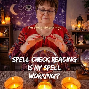 Puede incluir: Una persona con una blusa roja estampada de manga larga y un collar de plata, detrás de una bola de cristal sobre un soporte de madera. Tres velas encendidas están en primer plano. Texto: PureInsightReadings SPELL CHECK READING IS MY SPELL WORKING?