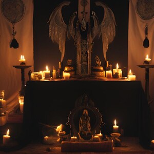 May include: A dimly lit altar scene with numerous lit candles, a central statue with angel wings, and decorative hangings. The scene evokes a mystical or spiritual theme, with warm lighting and a focus on ritualistic elements.