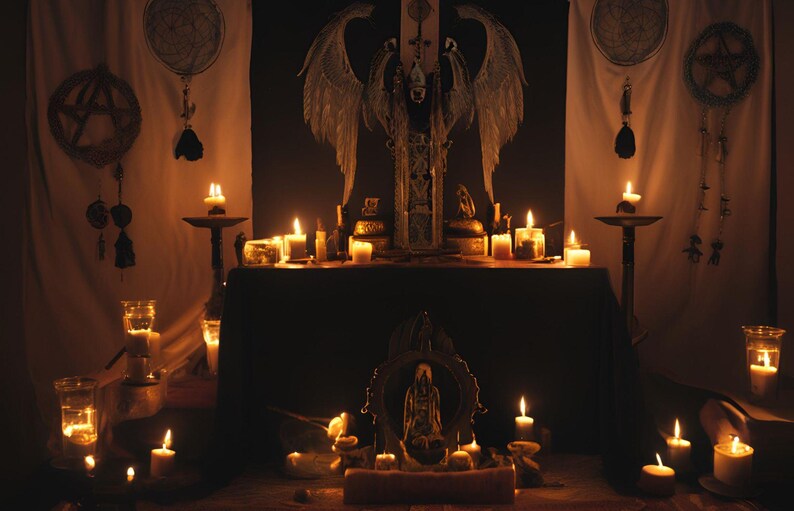 May include: A dimly lit altar scene with numerous lit candles, a central statue with angel wings, and decorative hangings. The scene evokes a mystical or spiritual theme, with warm lighting and a focus on ritualistic elements.
