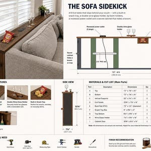 Puede incluir: Una mesa de sofá de madera de 182,9 cm de largo con toma de corriente empotrada, soporte doble para copas de vino, bandeja para aperitivos integrada y un armario secreto. La mesa mide 182,9 cm de largo, 83,2 cm de alto y 19,7 cm de fondo.