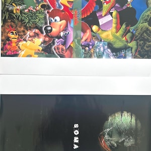 May include: A collage of two video game posters. The top poster features a green, purple, and red character with a large hat, and a brown bear-like character with a red bird on its back. The bottom poster is black with a white text overlay that reads "SOMA" and a circular image of a dark, green, and brown forest scene.