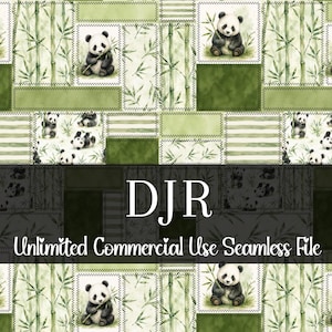 May include: Seamless pattern featuring panda bears, bamboo stalks, and green patchwork. The design includes panda illustrations within postage stamp-like frames, set against a backdrop of bamboo and various green textures. The text "DJR Unlimited Commercial Use Seamless File" is also present.