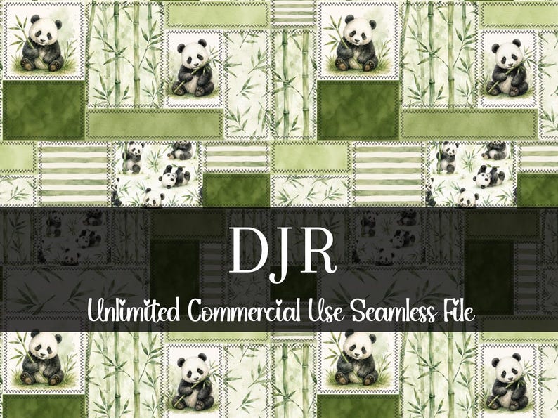 May include: Seamless pattern featuring panda bears, bamboo stalks, and green patchwork. The design includes panda illustrations within postage stamp-like frames, set against a backdrop of bamboo and various green textures. The text "DJR Unlimited Commercial Use Seamless File" is also present.
