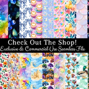 May include: A collection of colorful seamless digital papers with various patterns, including butterflies, blueberries, coffee cups, rainbows, ducks, and motorcycles. The image includes the text "Check Out The Shop! Exclusive & Commercial Use Seamless File."