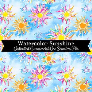May include: A seamless pattern featuring watercolor suns in various colors on a light blue background. The suns have a rainbow of colors in their rays and a yellow center. The text "Watercolor Sunshine Unlimited Commercial Use Seamless File" is at the bottom of the image.