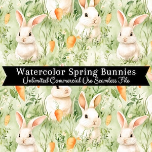 May include: A seamless pattern featuring watercolor illustrations of white bunnies and carrots on a green background. The text "Watercolor Spring Bunnies Unlimited Commercial Use Seamless File" is displayed in a black banner.