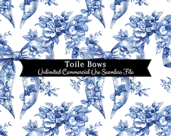 Blue Toile De Jouy Seamless Pattern | blue Toile Pattern | Chinoiserie Bow Seamless Print | French Toile De Jouy | Blue Bow Toile Seamless