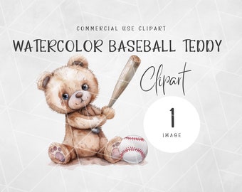 Watercolor Baseball Teddy Bear Clipart | Baseball Clipart | Adorable Teddy Bear Clipart | Watercolor Clipart | Watercolor Teddy Bear