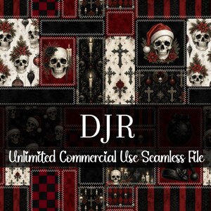 May include: Seamless digital file with a gothic Christmas theme. The design features skulls wearing Santa hats, crosses, candles, and roses, set against a red and black patchwork background. The text "DJR" and "Unlimited Commercial Use Seamless File" are also present.