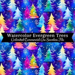 Modèle sans couture d'arbre à feuilles persistantes | Papier numérique aquarelle pour les fêtes | Motif de Noël arc-en-ciel aquarelle | Arbre PNG | Motif répétitif PNG
