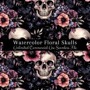 Puede incluir: Un patrón sin costuras que presenta cráneos y flores de acuarela en tonos de rosa, morado y azul sobre un fondo negro. El texto "Watercolor Floral Skulls Unlimited Commercial Use Seamless File" se muestra en una pancarta negra.