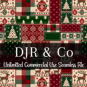 Può includere: Un motivo digitale senza cuciture caratterizzato da un design patchwork festivo con colori rosso, verde e crema. La stampa include motivi di renne, alberi di Natale, fiocchi di neve e ornamenti. Il testo DJR & Co Unlimited Commercial Use Seamless File è sovrapposto in bianco.