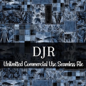 May include: A seamless digital file featuring a patchwork design with elephants, foliage, and savanna landscapes in shades of blue and gray. The text "DJR" and "Unlimited Commercial Use Seamless File" are displayed.