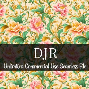 May include: A seamless floral pattern featuring pink and orange peonies with green leaves and gold accents on a cream background. The text "DJR Unlimited Commercial Use Seamless File" is displayed across the bottom.