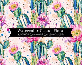 サボテンの花のシームレスなパターン | 水彩サボテンの花のデジタルペーパー | 水彩サボテンのパターン | 水彩花 | 繰り返しパターン